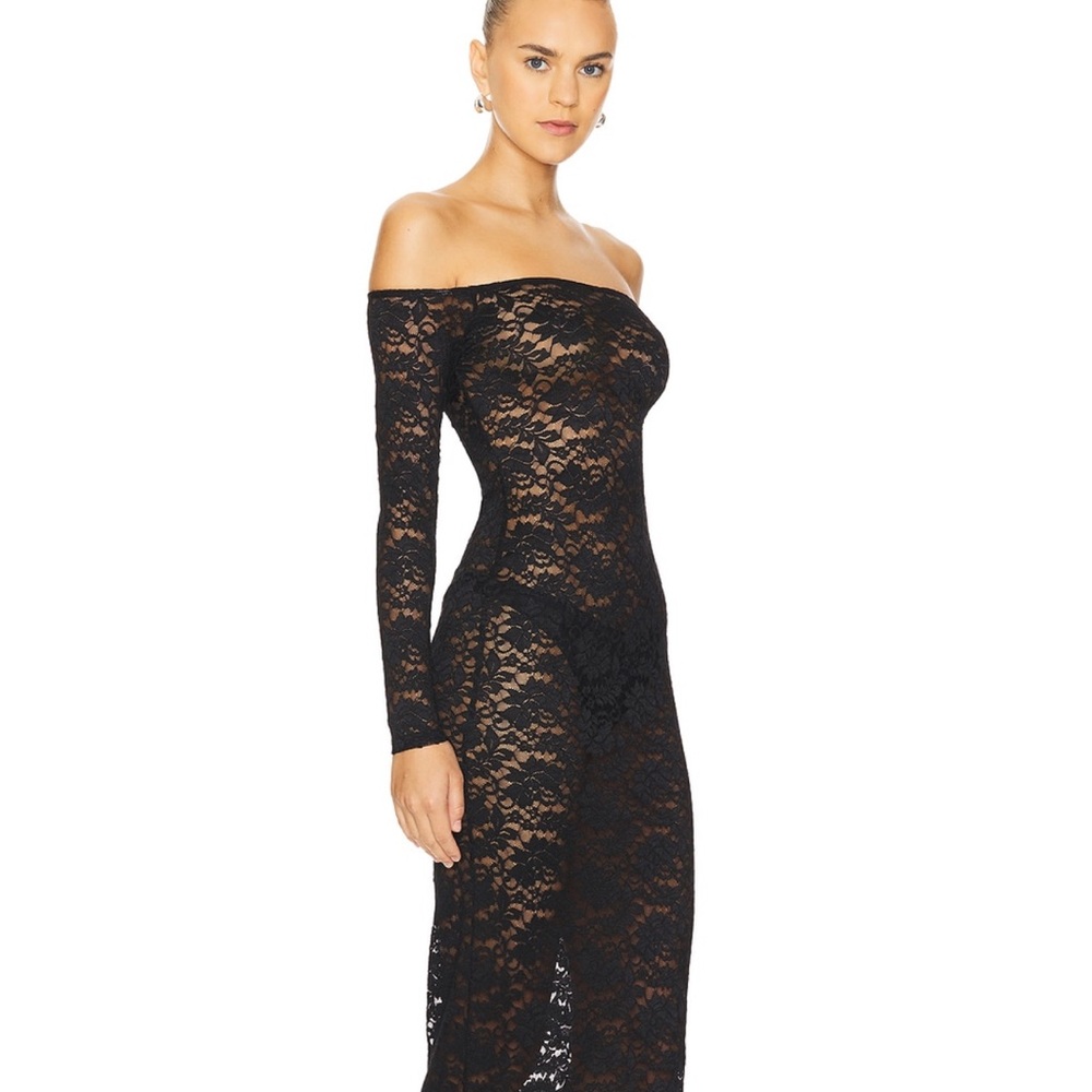 Superdown Black lace long sleeve off the shoulder dress